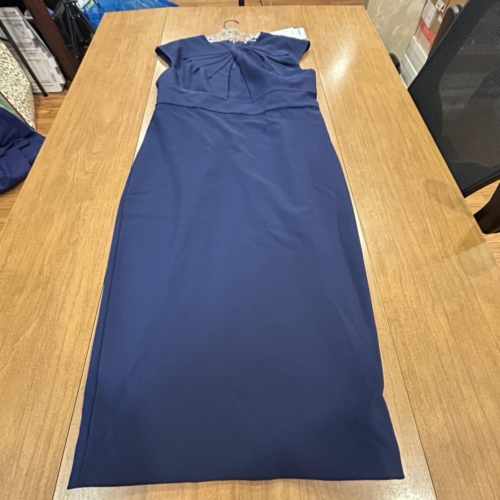 FEHAUTE Dress Womens 12 Blue Pleated Sheath Midi Cap Sleeve Lined Zip Back